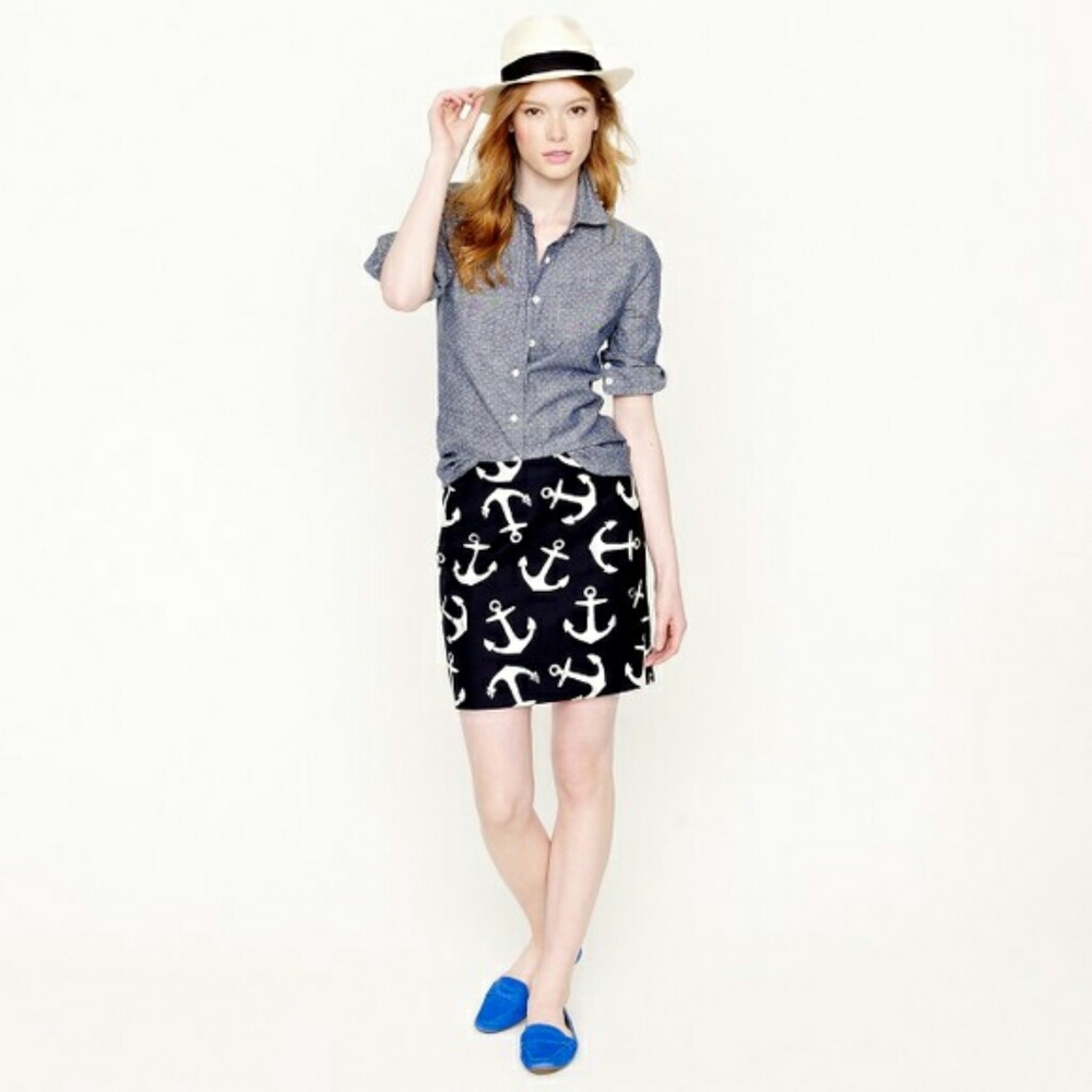 J.crew anchor nautical mini skirt navy blue white zip back cotton spandex size 4